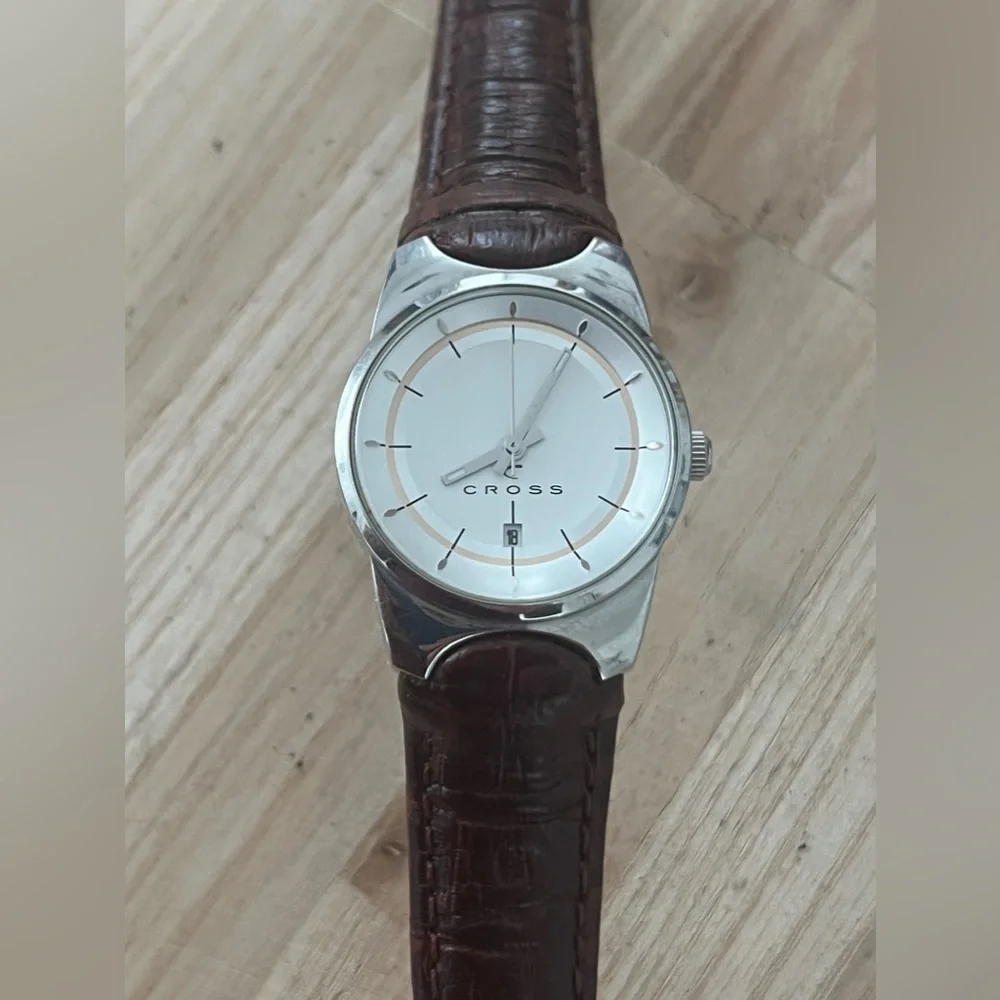 Cross Ladies Watch Beautiful Two-Tone Dial Date Window Brown Leather Strap